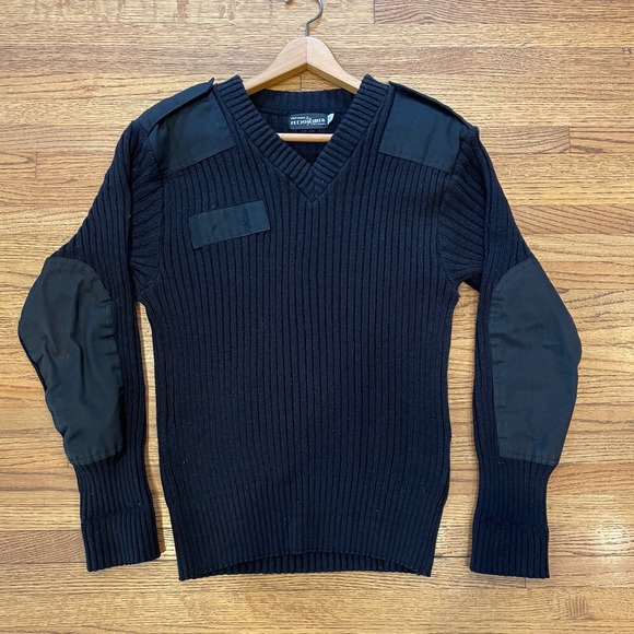Fechheimer Sweater Mens Sz M Black Wool Blend Military Elbow Patches Ribbed Vtg - Picture 9 of 13